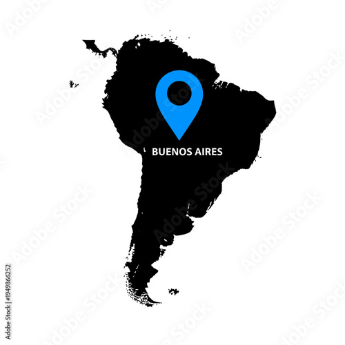 South America continent map with Buenos Aires pinpoint location illustrative design