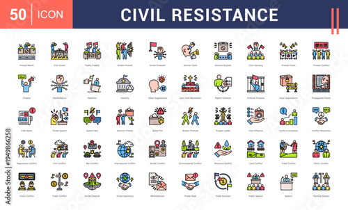 Civil Resistance Icon Set. protest march, civil unrest, public dissent, violent protest, arrest protester and more. Flat Line vector icons collection.