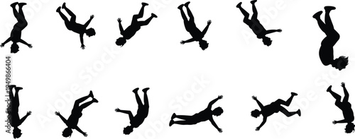 parkour backflip athlete silhouettes set, acrobatic jumping and flipping person poses isolated black extreme sport movement collection