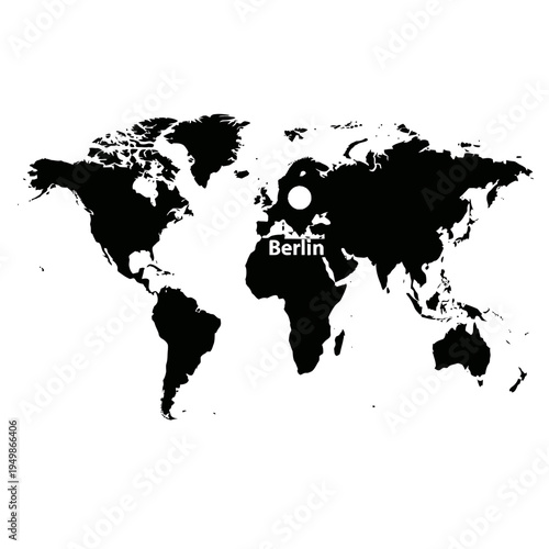Minimalist black and white world map illustration focusing on Berlin's location