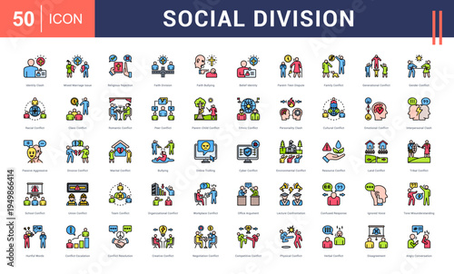 Social Division Icon Set. identity clash, mixed marriage issue, religious rejection, faith division, faith bullying and more. Flat Line vector icons collection.