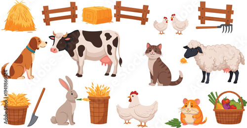Cute Cartoon Farm Animals Set with Cow Sheep Chicken Dog Cat Rabbit Hamster Hay Barn Tools Agriculture Vector Illustration Collection