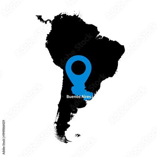 Illustration of South America map with Buenos Aires location pinpointed precisely for tourism