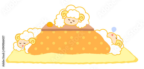 仲良く炬燵（こたつ）でお昼寝するひつじ3匹。2027未年のお正月・冬の団らんイラスト。白背景。