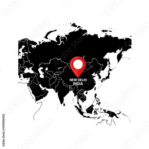 Vector Asia continent map with New Delhi, India location pinpoint illustration minimalist style