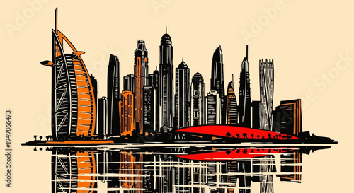 Vector illustration of Dubai city skyline with modern skyscrapers and reflection