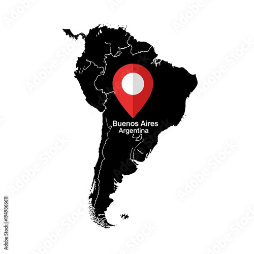 South American Map with Argentina Highlighted Location of Buenos Aires City Marking