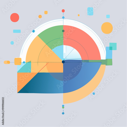 Abstract geometric circular infographic with colorful segments and lines representing data visualization