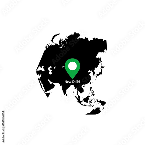 Geographic representation of Asia with a marker indicating New Delhi capital location