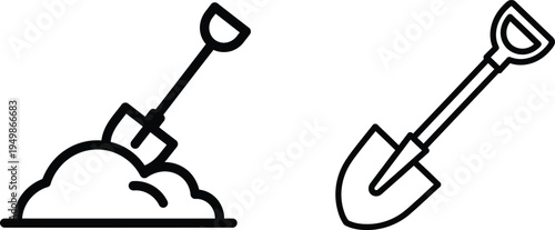 Two black line art shovel icons for gardening or excavation