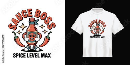 Retro Cartoon Hot Sauce Bottle Mascot with Chili Peppers and "Sauce Boss Spice Level Max" Text Vector Illustration