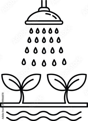 Shower head watering plants with rain drops and wavy lines