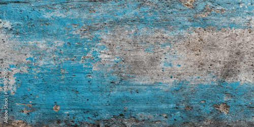 A textured blue grunge paint background on an aged rough wall surface with vintage paper patterns and antique rusty metal design elements on a dirty canvas backdrop