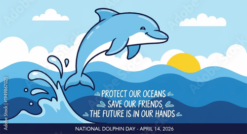 Dolphin jumping out of ocean waves with protect our oceans text on sunny landscape background