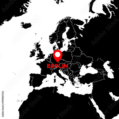 Berlin location on map of Europe with pin pointing its city and countries surrounding it