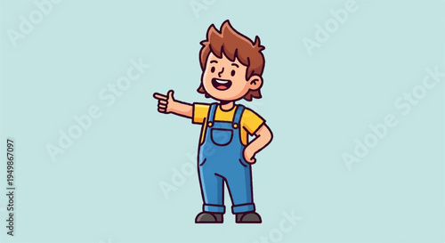 Smiling cartoon boy pointing left with thumb up wearing blue overalls and yellow shirt on light blue background