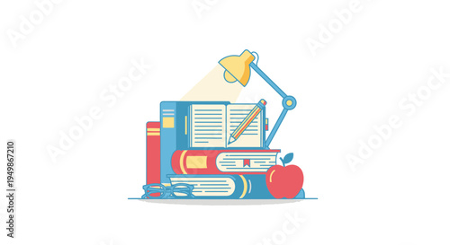 Stack of books with desk lamp.