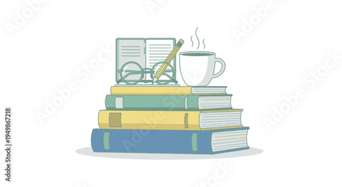 Stack of books with coffee cup.