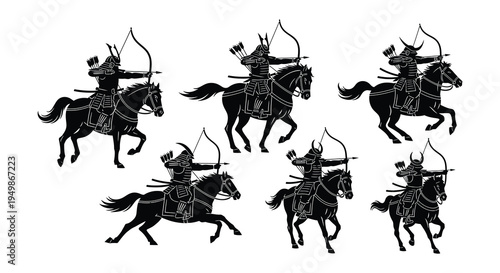 Silhouette of mounted samurai archers preparing to release arrows