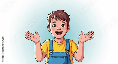 Smiling young boy in yellow shirt and blue overalls shrugs with palms up on light blue background