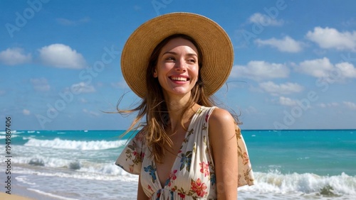 Smiling young caucasian female with straw hat enjoying a tropical beach.