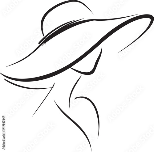 Hand Drawn Woman Hat Black and White Illustration in Minimal Line Art Style Design