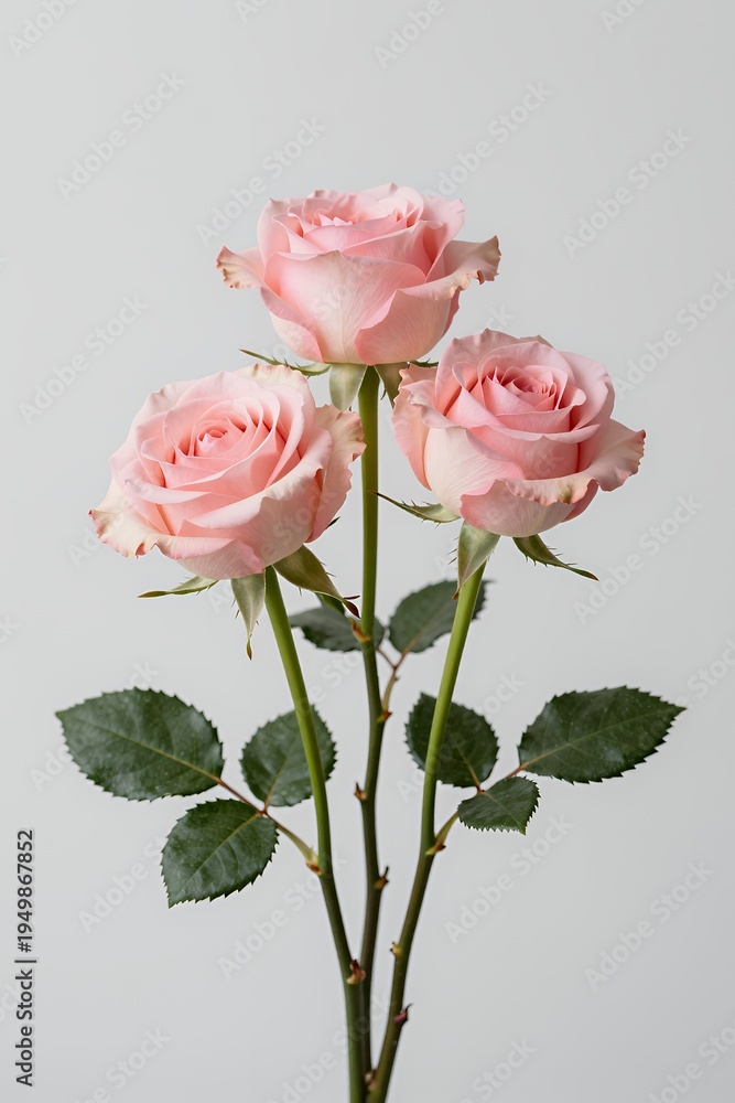 Obraz premium Three Pink Roses with Green Leaves on Stems Against a Plain White Background