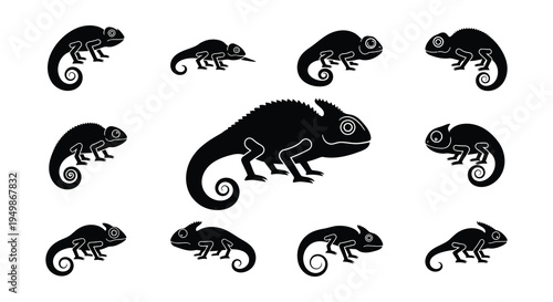 Stylized black silhouettes of chameleons in various poses and sizes