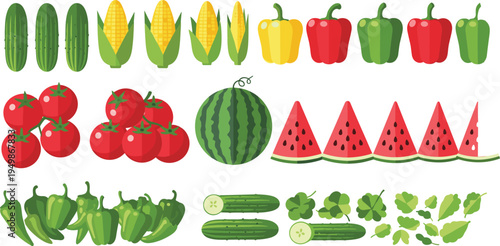 Comprehensive Flat Design Vector Collection Featuring Fresh Watermelon Slices Tomatoes Corn Cucumbers and Bell Peppers for Healthy Organic Food and Nutrition Projects