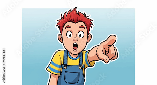 Surprised cartoon boy pointing forward with finger excited expression on face blue background