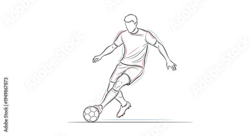 Sketch of a soccer player kicking a ball on a white background.