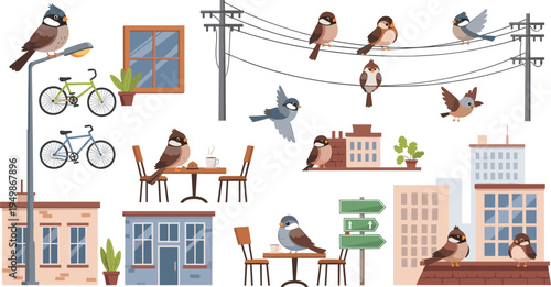 Cute City Birds Vector Illustration Set Featuring Urban Sparrows Sitting on Wires, Buildings, Street Lamps and Café Scenes