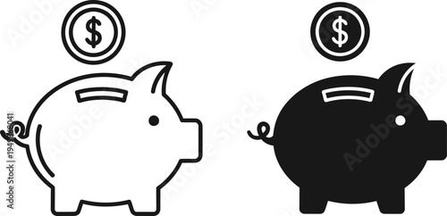 Black and white piggy banks with coins