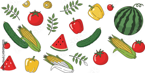 Hand Drawn Summer Vegetable and Fruit Vector Set Featuring Watermelon Tomatoes Corn Cucumbers and Bell Peppers for Healthy Organic Food Nutrition Design