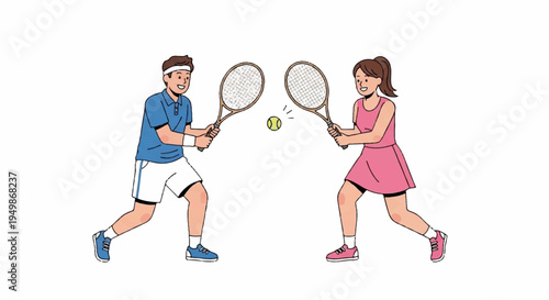 Man and woman playing tennis together outdoors in action with rackets and ball