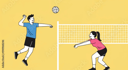 Two volleyball players in action man jumping to hit ball and woman preparing to serve on yellow court