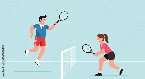 Tennis players in action on court man serving and woman returning dynamic movement and focus