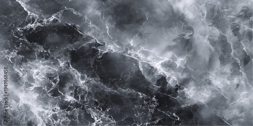 Powerful black and white water splash creates a stormy abstract wave of energy and white foam against a dark nature landscape