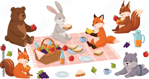 Cute Forest Animals Picnic Collection with Bear Rabbit Fox Squirrel Sandwich Fruits and Outdoor Picnic Basket Cartoon Vector Illustration Set