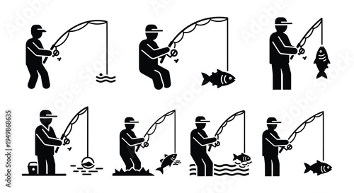 Black and white icons depicting fishing equipment and a fisherman
