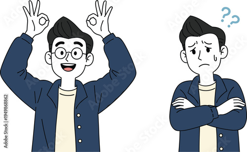 cartoon, man, showing, okay, gesture, confident, expression, confused, worried, face, comparison, emotion, concept, body, language, illustration, character, uncertainty, decision, mood