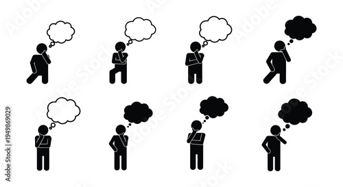 Silhouettes of people thinking with varying thought bubble shapes