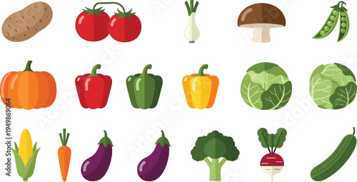 Vegetable icon set with labels. Colorful farm produce including potato, tomato, pepper, cabbage, corn, carrot, eggplant and cucumber. Educational food illustration collection.