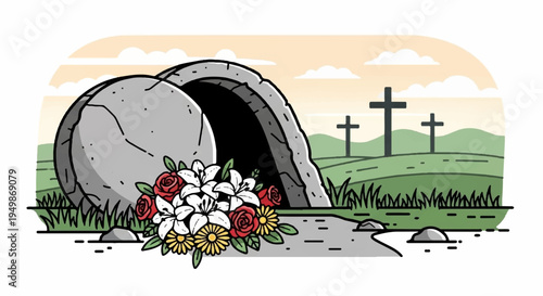 Easter tomb with rolled stone flowers and crosses on a sunny day with green grass