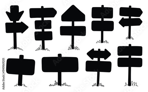 Road direction sign doodle set wooden signboard travel, hand drawn sketch icons for navigation guidance, wayfinding, tourism, and outdoor adventure