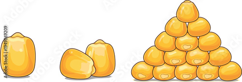 Corn kernels illustration set. Yellow maize grains single, grouped and stacked in pyramid. Agricultural crop graphic for cooking ingredients, food design, and farming concepts.