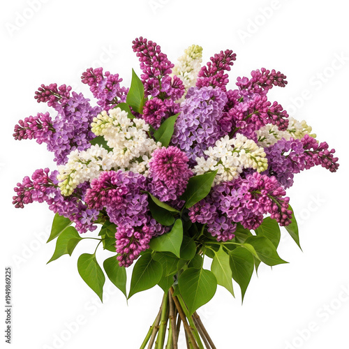 A vibrant bouquet of lilacs and white flowers in full bloom with green leaves isolated on white background