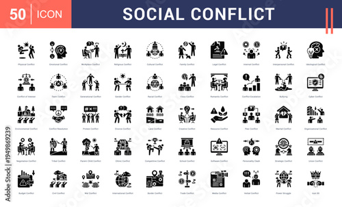 Social Conflict Icon Set. physical, emotional, workplace, religious, cultural and more. Glyph vector icons collection.