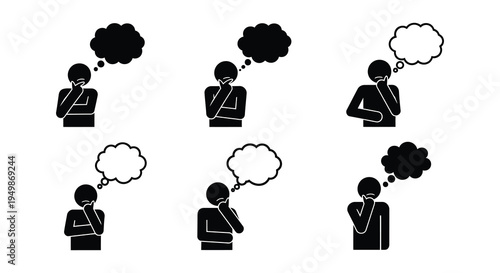 Silhouettes of people thinking with varying thought bubble shapes