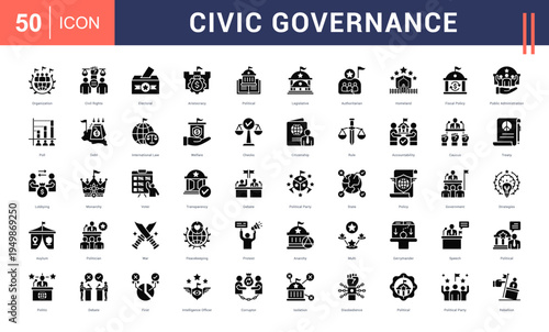 Civic Governance Icon Set. organization, civil rights, electoral, aristocracy, political and more. Glyph vector icons collection.